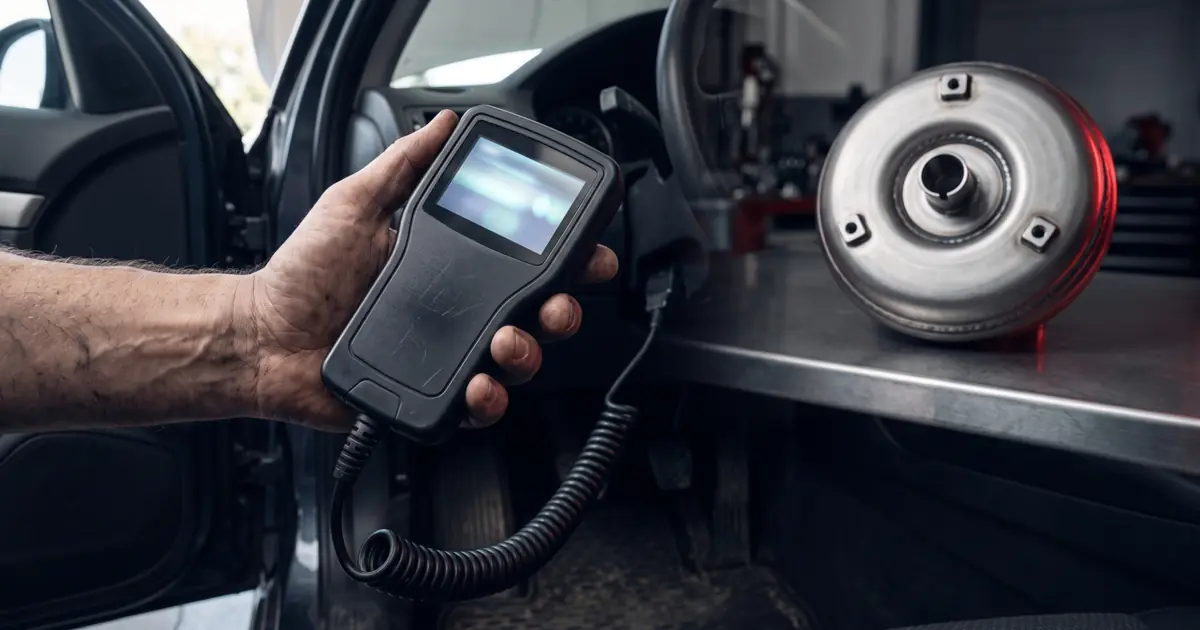 Mão do técnico segurando um scanner OBD-II conectado à porta de diagnóstico embaixo do painel do carro, com um conversor de torque de aço sobre a bancada da oficina ao fundo.