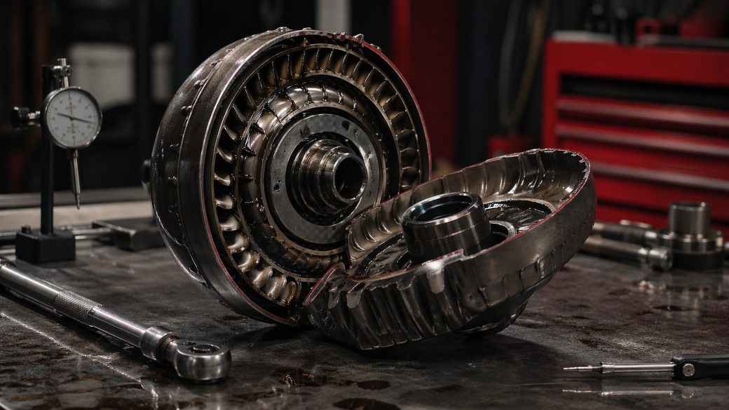 Conversor de torque seccionado mostrando turbina e estator