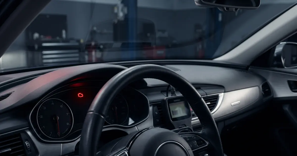 Painel de instrumentos de um carro parado na oficina com a luz de alerta vermelha acesa, e um scanner de diagnóstico apoiado no console.