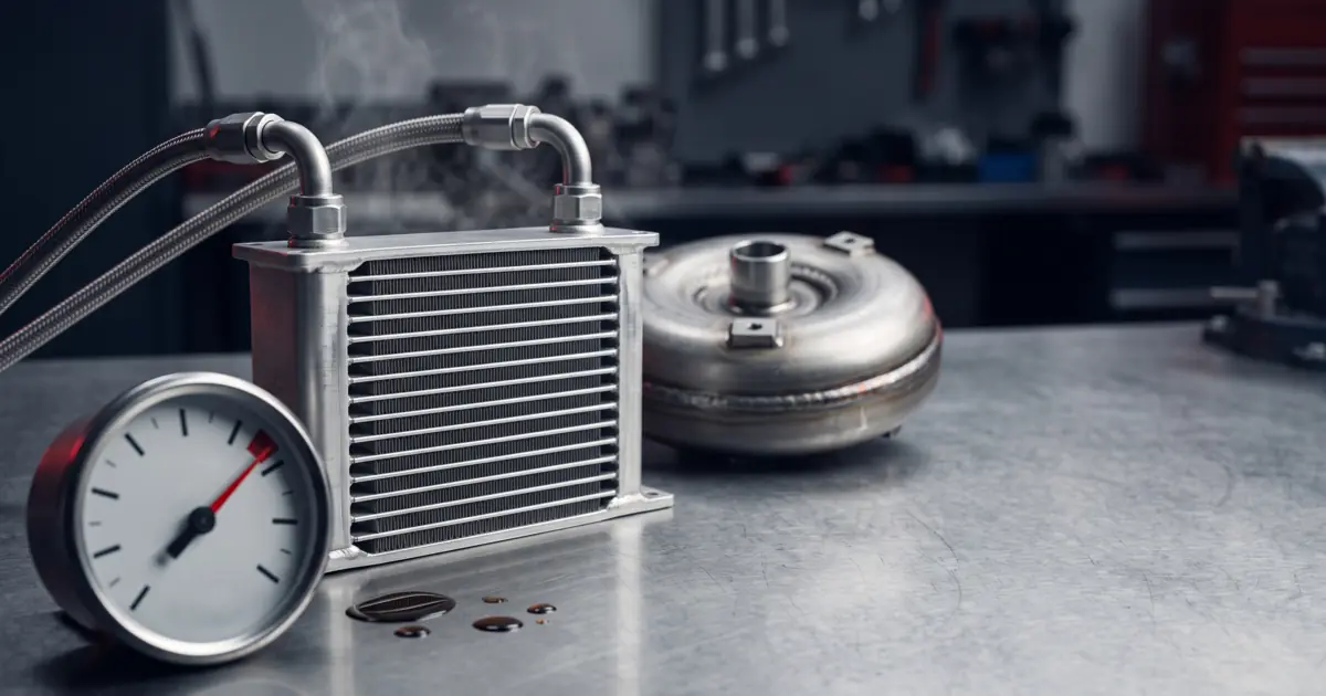 Trocador de calor aletado da transmissão com linhas metálicas e calor subindo, um manômetro de temperatura no talo da escala e um conversor de torque ao fundo.