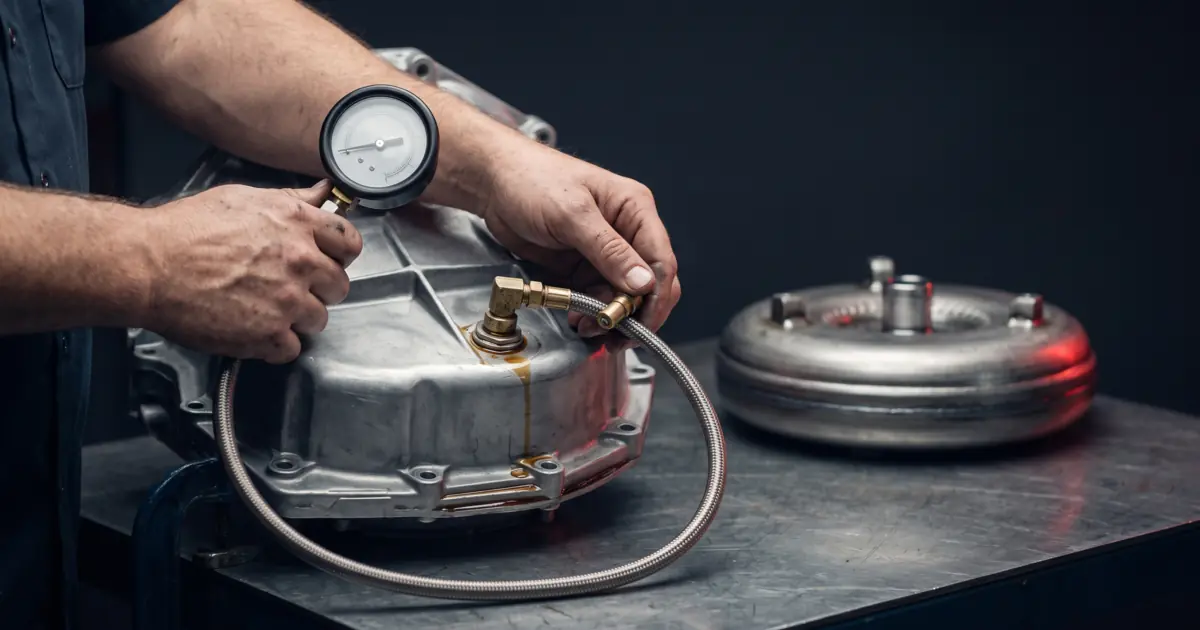 Mãos do técnico conectando um manômetro por mangueira à tomada de pressão no case de alumínio do câmbio automático, com um conversor de torque desfocado ao fundo.